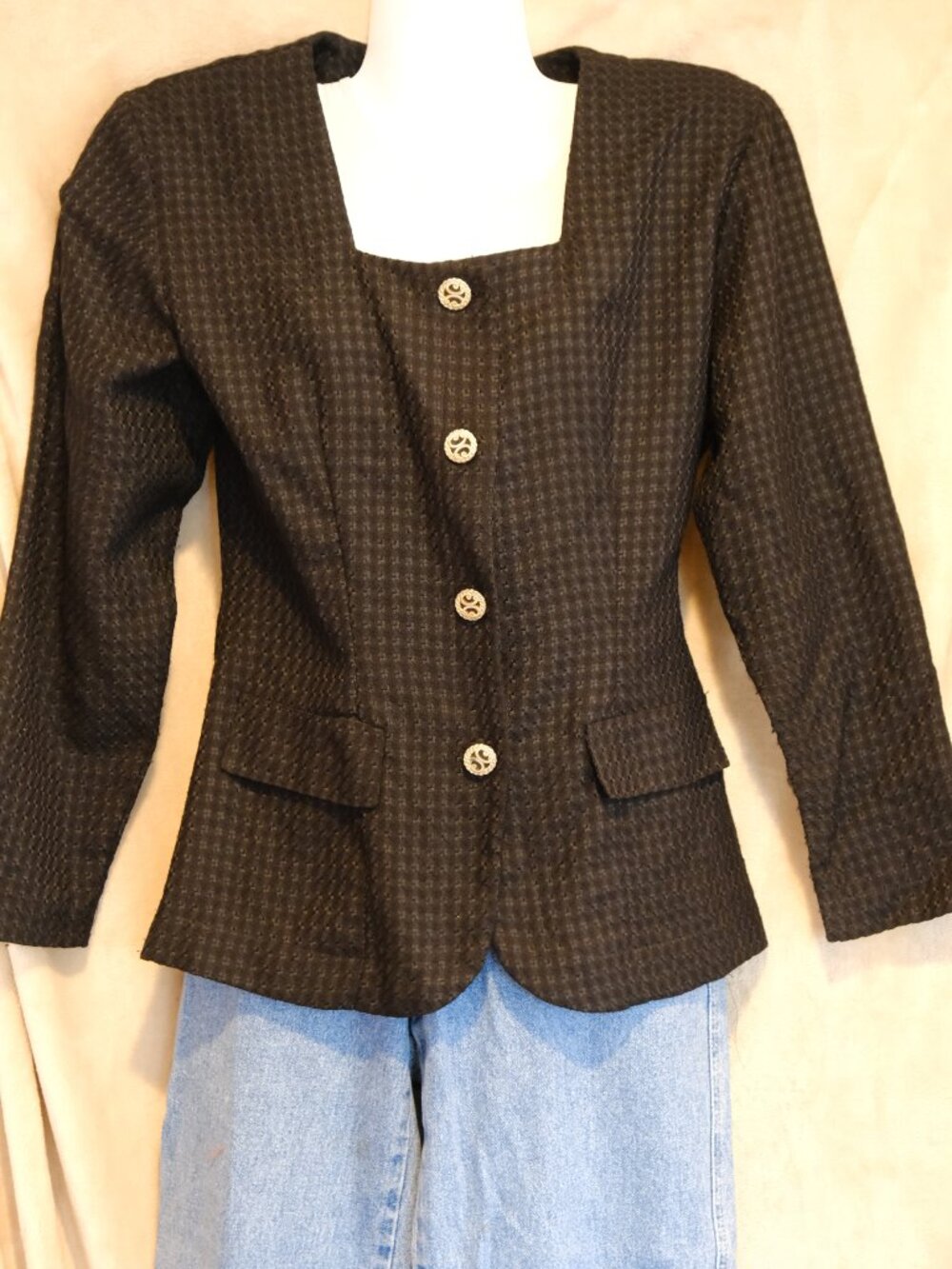 Vintage 90s La Belle Fashion Inc Black & White Blazer | Gold Buttons | Square Ne